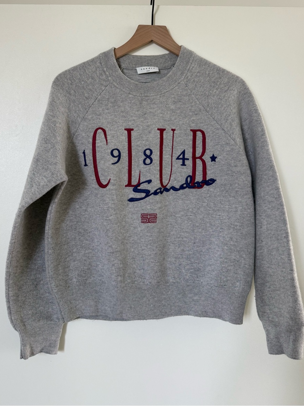 Sandro Grey Crewneck Sweater with Red and Navy Logo